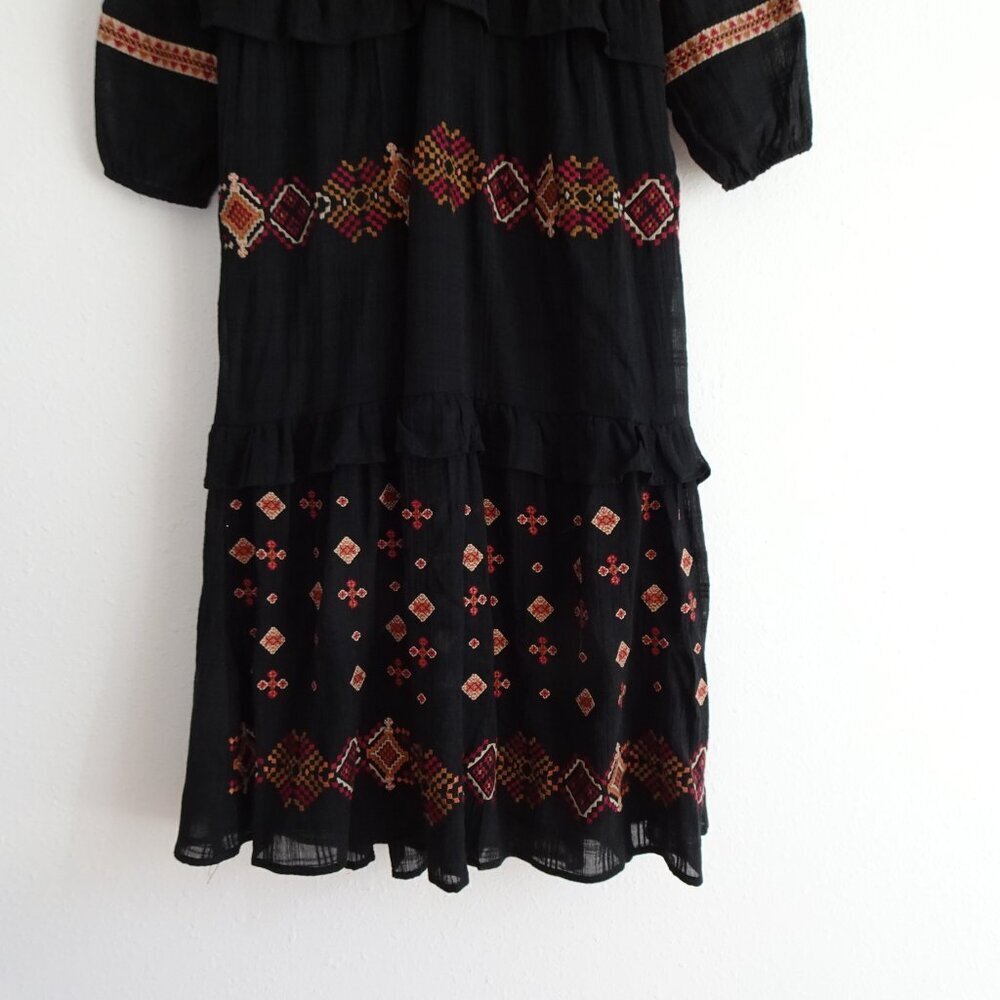 Reba Embroidered Dress Women's Size 10 Black Ruffle Tiered V-Neck Midi Boho - Picture 4 of 12